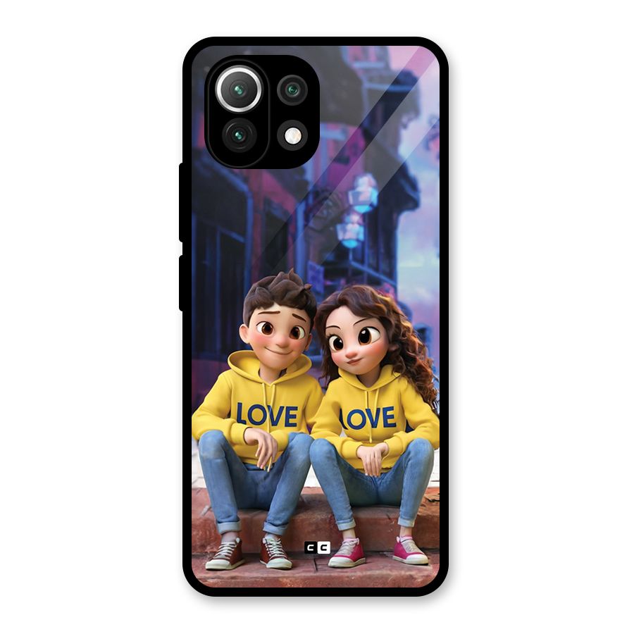 Cute Couple Sitting Glass Back Case for Mi 11 Lite