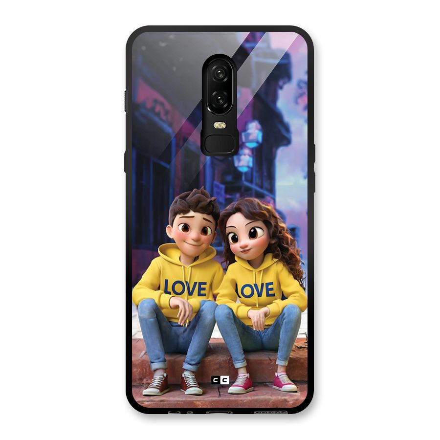 Cute Couple Sitting Glass Back Case for OnePlus 6