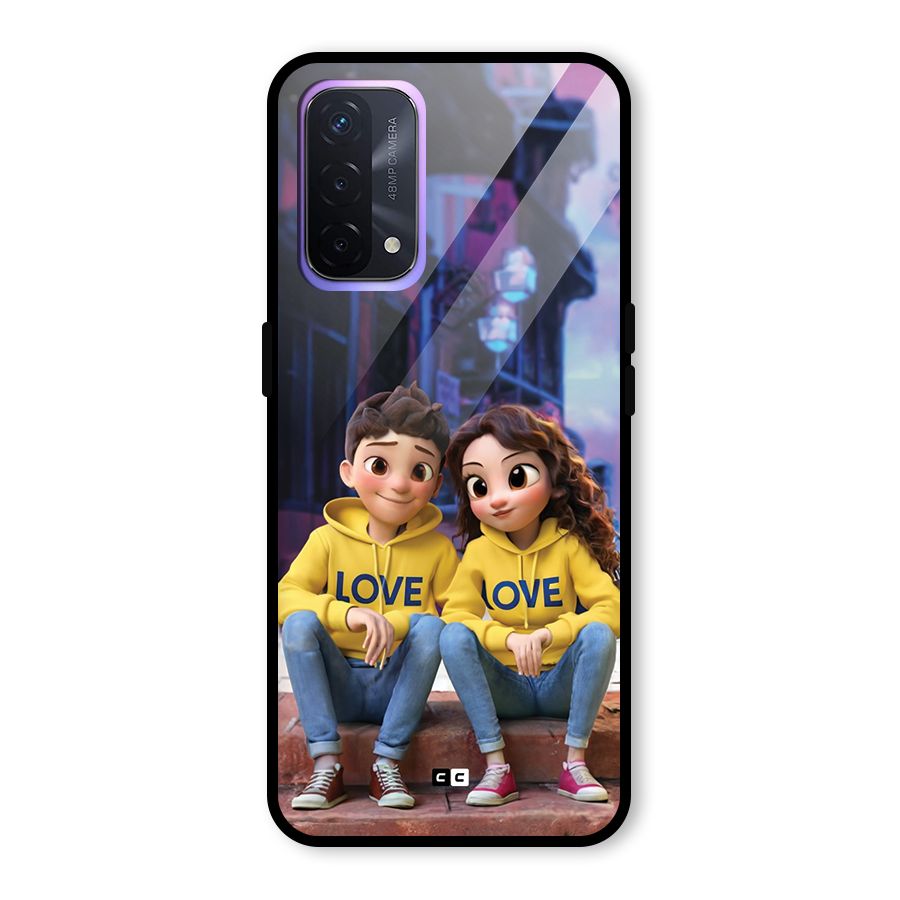 Cute Couple Sitting Glass Back Case for Oppo A74 5G