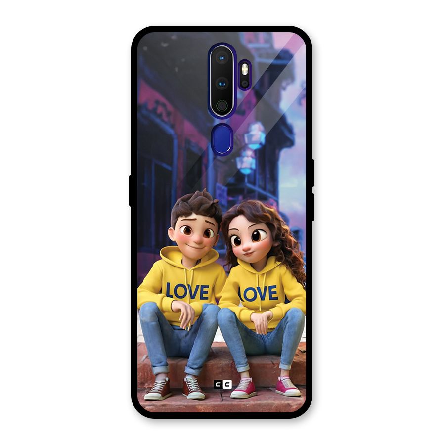 Cute Couple Sitting Glass Back Case for Oppo A9 (2020)