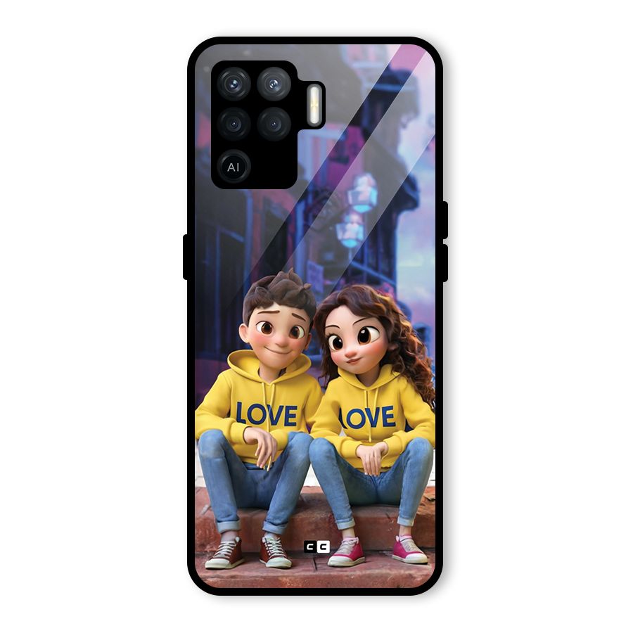 Cute Couple Sitting Glass Back Case for Oppo F19 Pro
