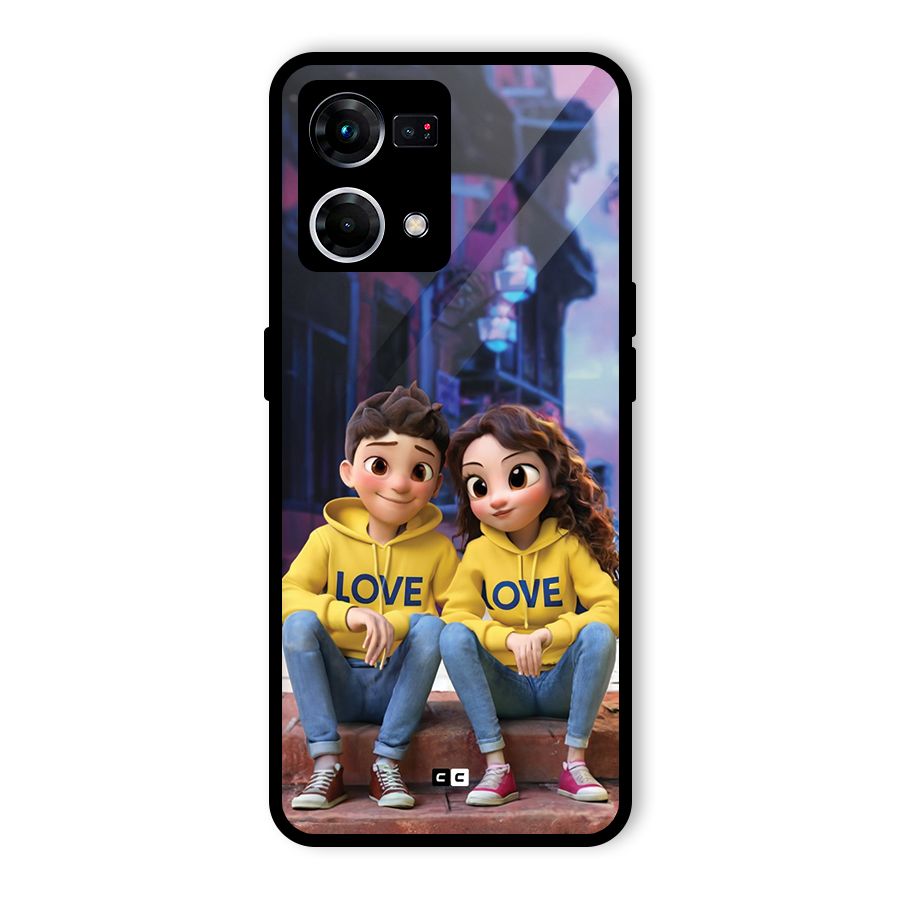 Cute Couple Sitting Glass Back Case for Oppo F21s Pro 4G