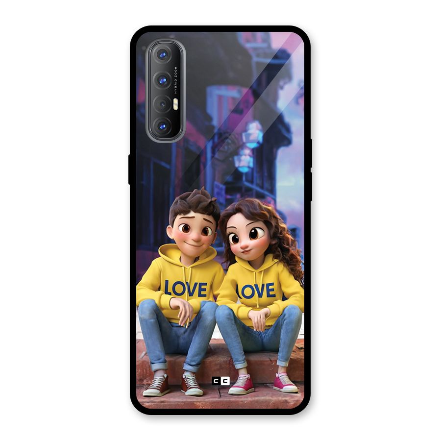 Cute Couple Sitting Glass Back Case for Oppo Reno3 Pro