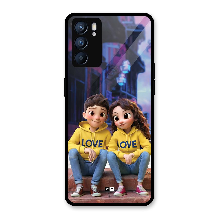 Cute Couple Sitting Glass Back Case for Oppo Reno6 5G