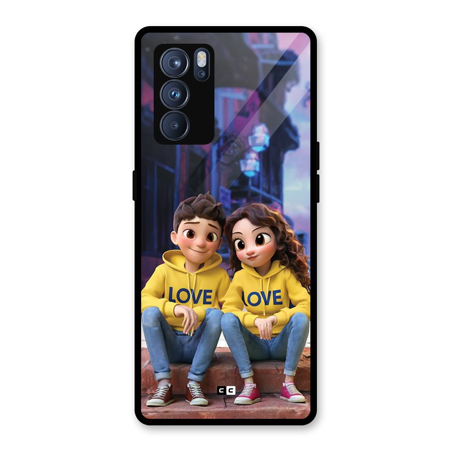 Cute Couple Sitting Glass Back Case for Oppo Reno6 Pro 5G