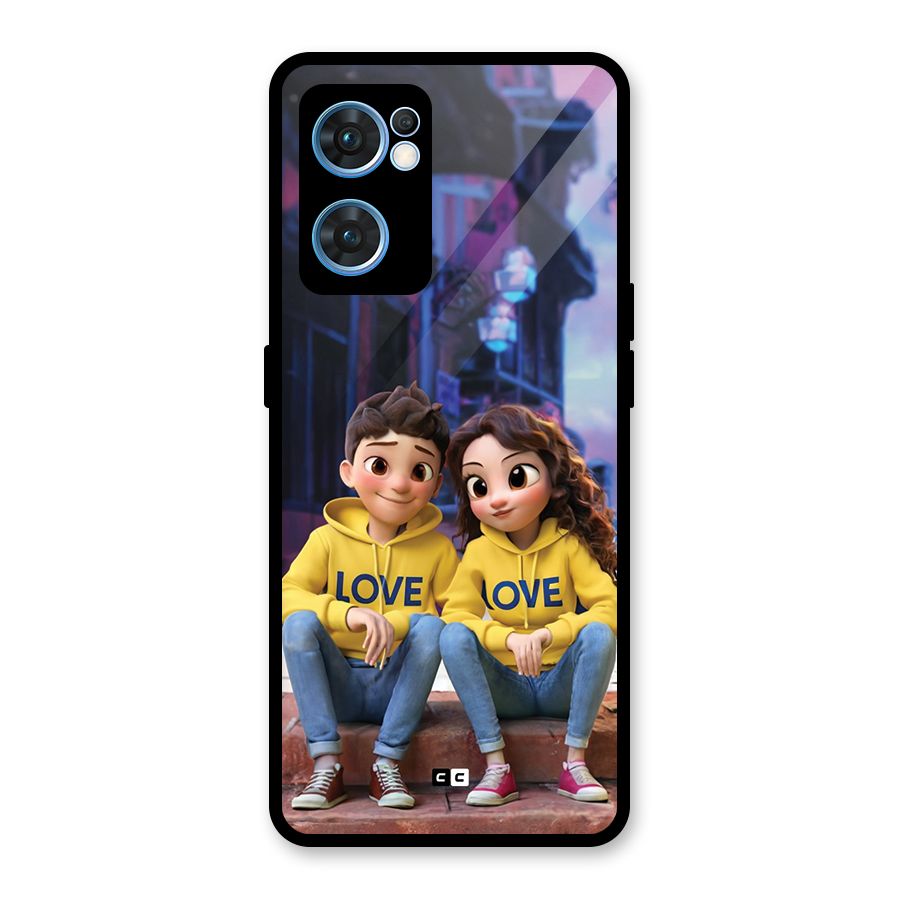 Cute Couple Sitting Glass Back Case for Oppo Reno7 5G
