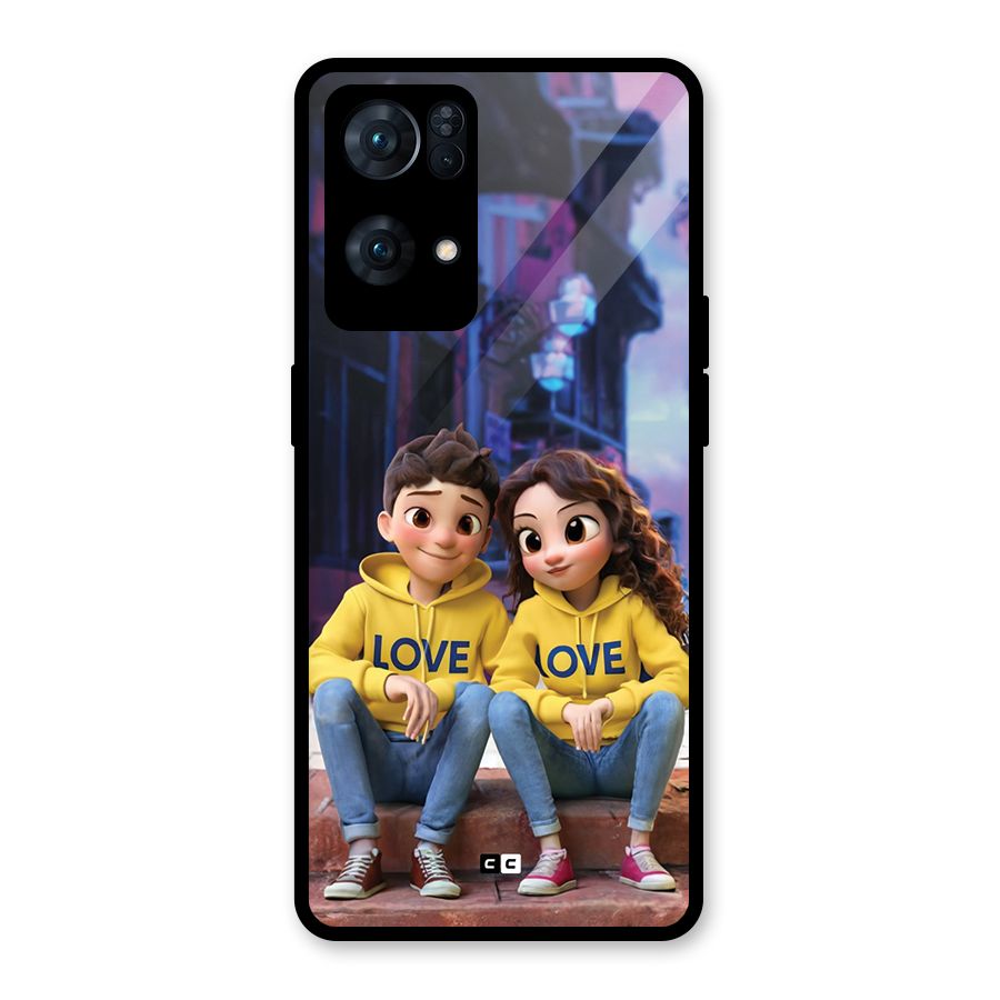 Cute Couple Sitting Glass Back Case for Oppo Reno7 Pro 5G