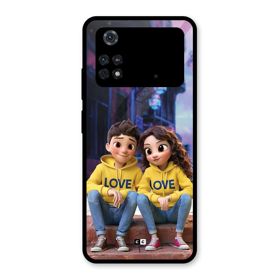 Cute Couple Sitting Glass Back Case for Poco M4 Pro 4G