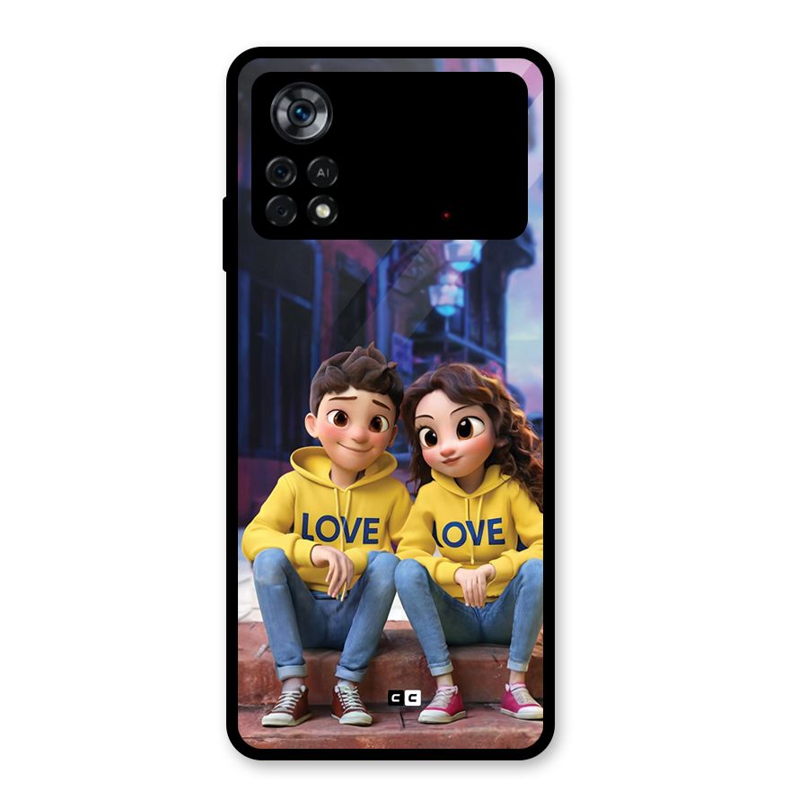 Cute Couple Sitting Glass Back Case for Poco X4 Pro 5G