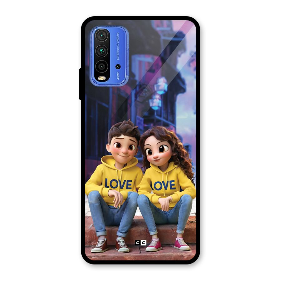 Cute Couple Sitting Glass Back Case for Redmi 9 Power