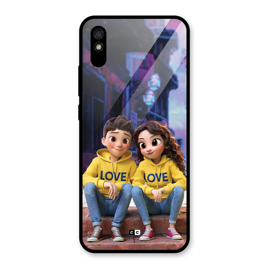 Cute Couple Sitting Glass Back Case for Redmi 9i