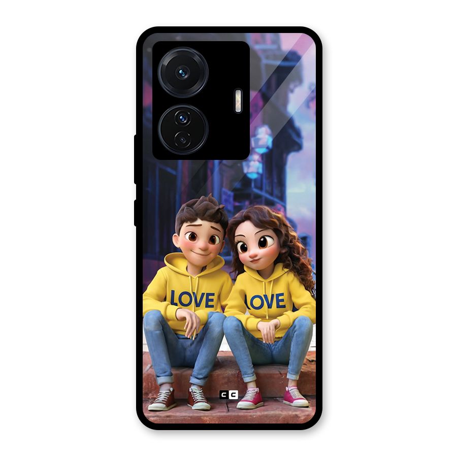 Cute Couple Sitting Glass Back Case for Vivo T1 Pro