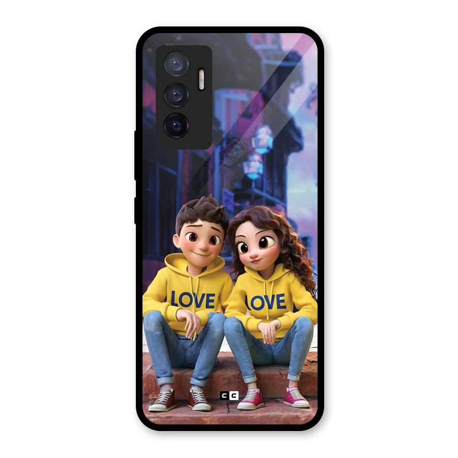 Cute Couple Sitting Glass Back Case for Vivo V23e