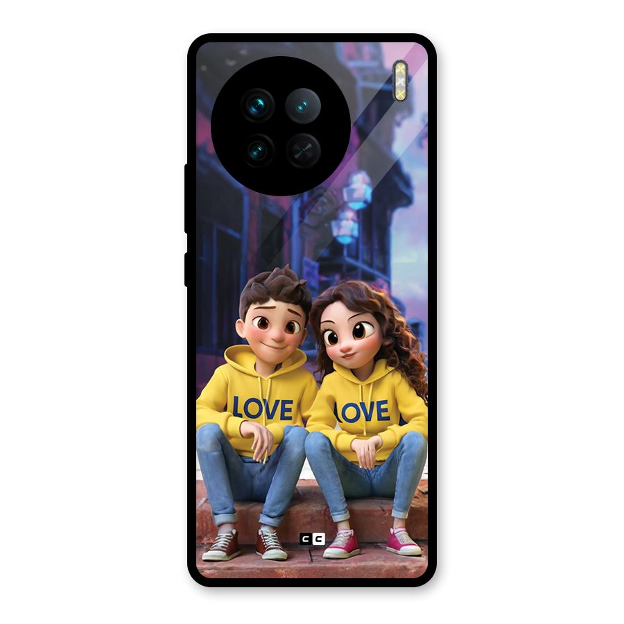 Cute Couple Sitting Glass Back Case for Vivo X90