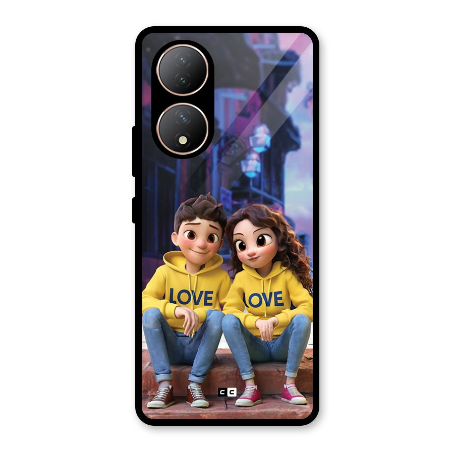 Cute Couple Sitting Glass Back Case for Vivo Y100A