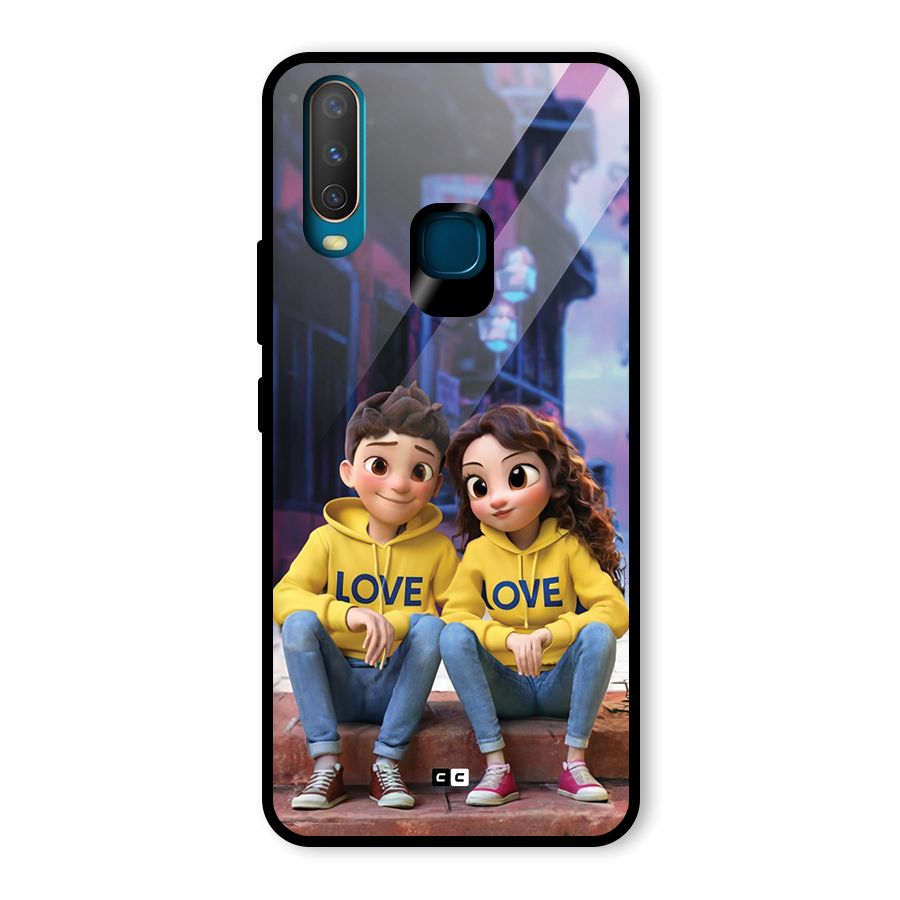 Cute Couple Sitting Glass Back Case for Vivo Y17