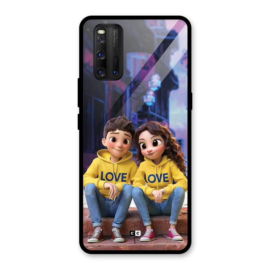 Cute Couple Sitting Glass Back Case for Vivo iQOO 3