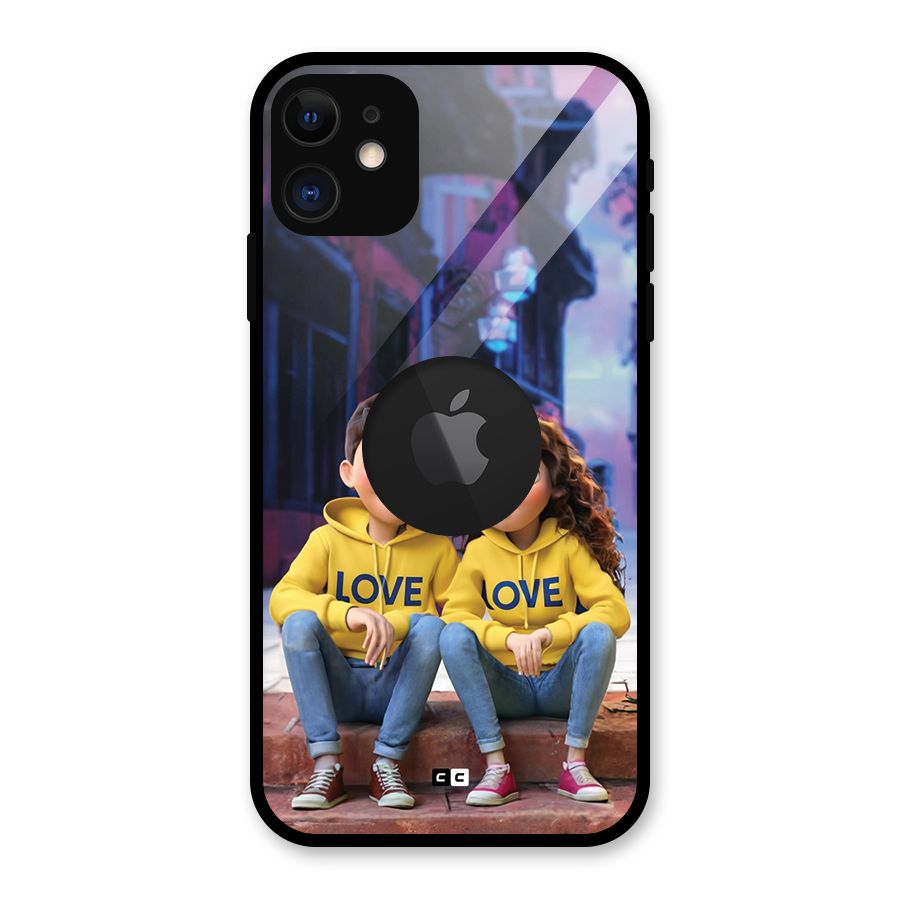 Cute Couple Sitting Glass Back Case for iPhone 11 Logo Cut