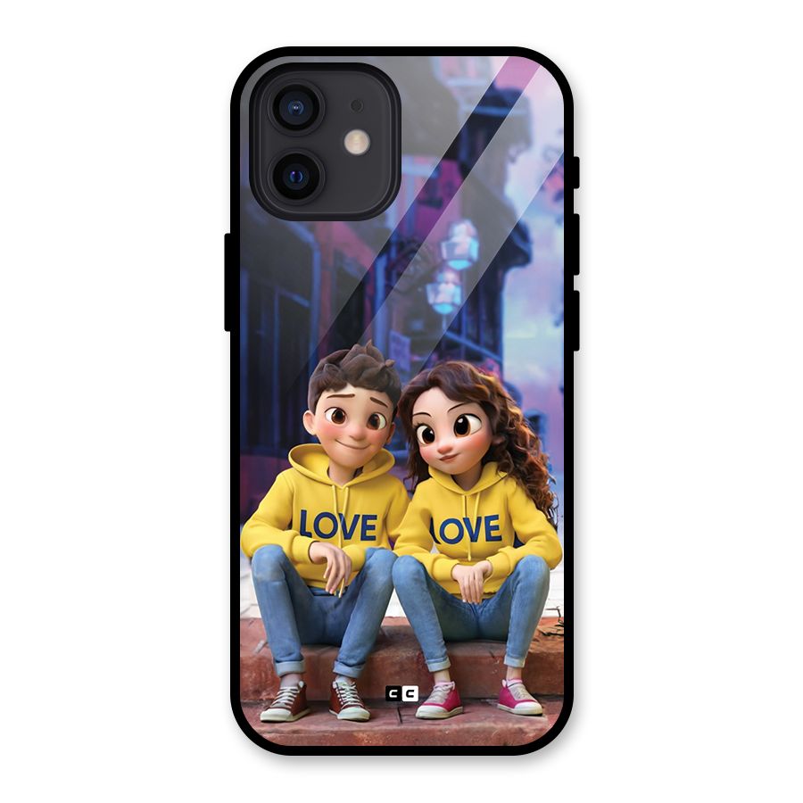 Cute Couple Sitting Glass Back Case for iPhone 12