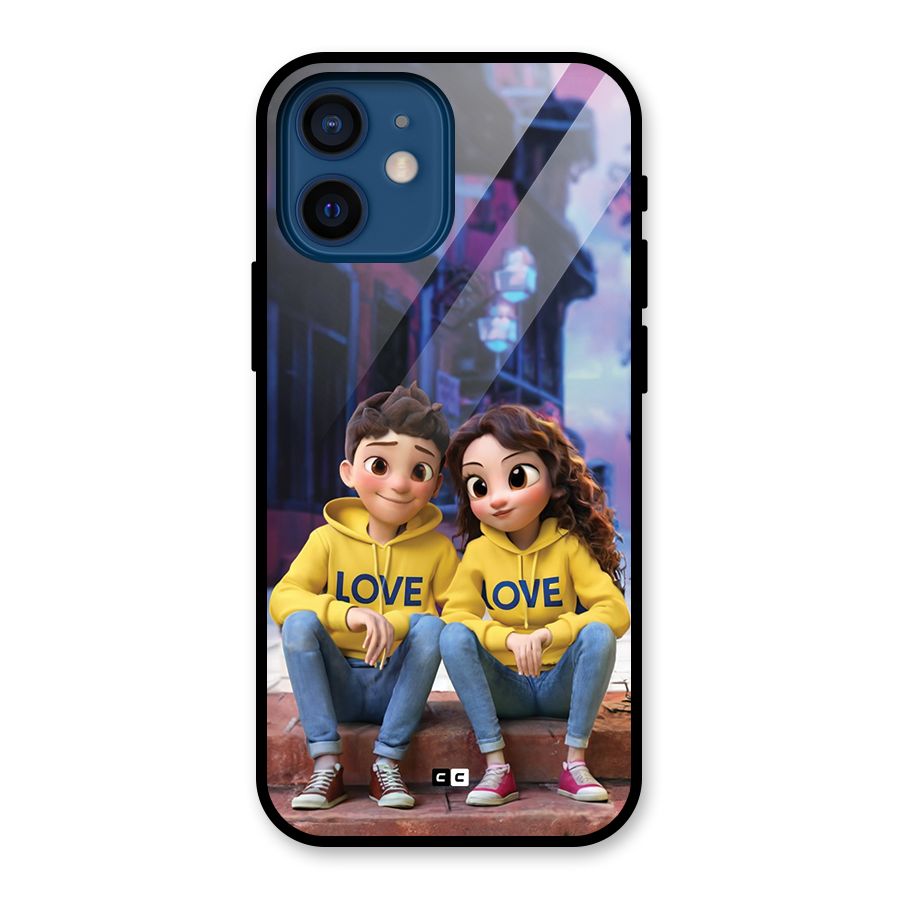 Cute Couple Sitting Glass Back Case for iPhone 12 Mini