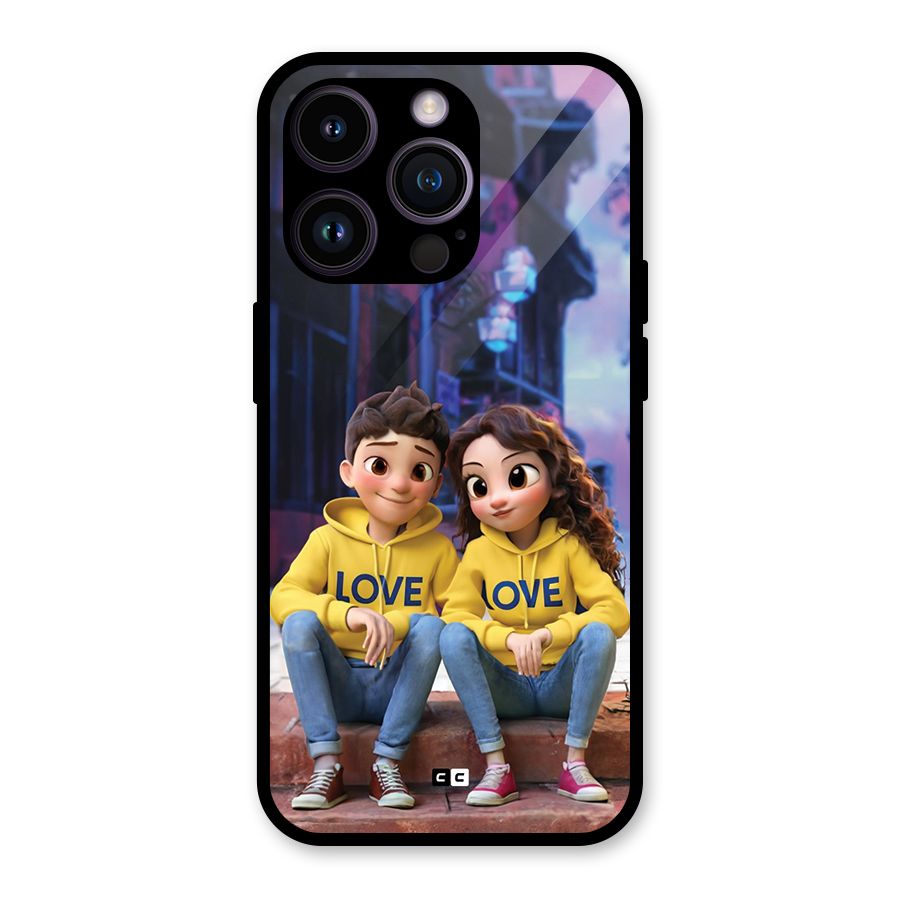 Cute Couple Sitting Glass Back Case for iPhone 14 Pro