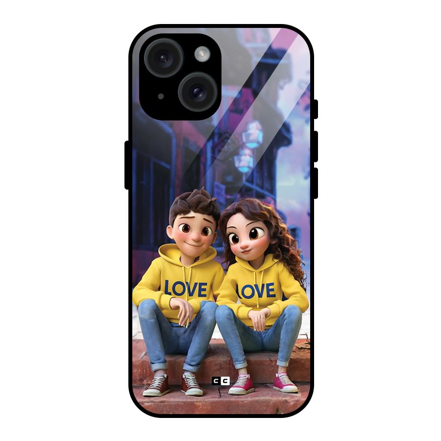 Cute Couple Sitting Glass Back Case for iPhone 15