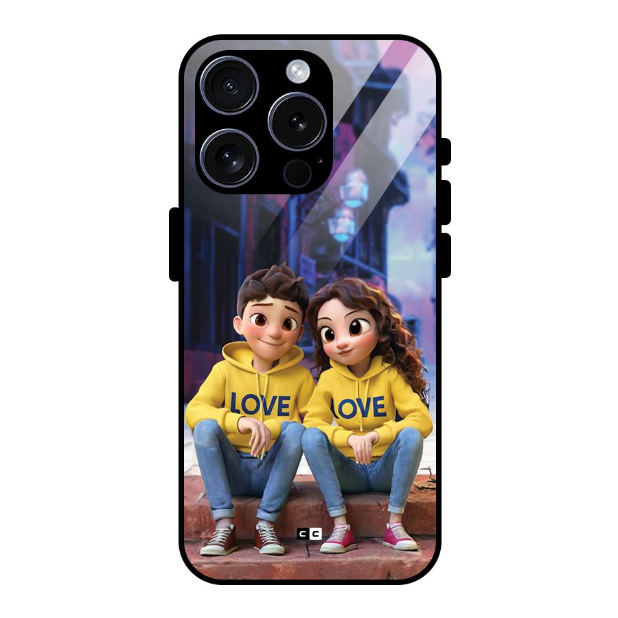 Cute Couple Sitting Glass Back Case for iPhone 15 Pro