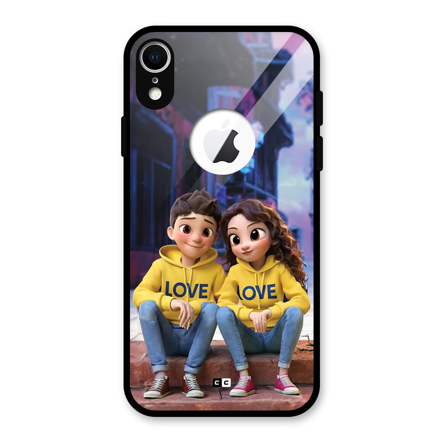 Cute Couple Sitting Glass Back Case for iPhone XR Logo Cut