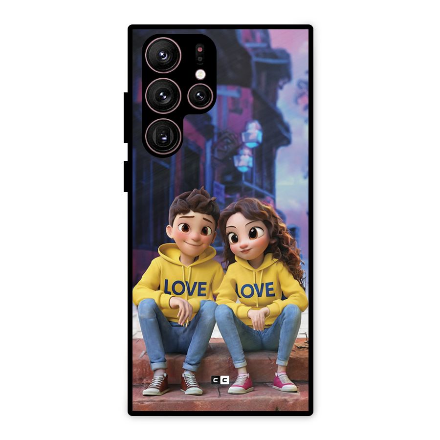 Cute Couple Sitting Metal Back Case for Galaxy S22 Ultra 5G