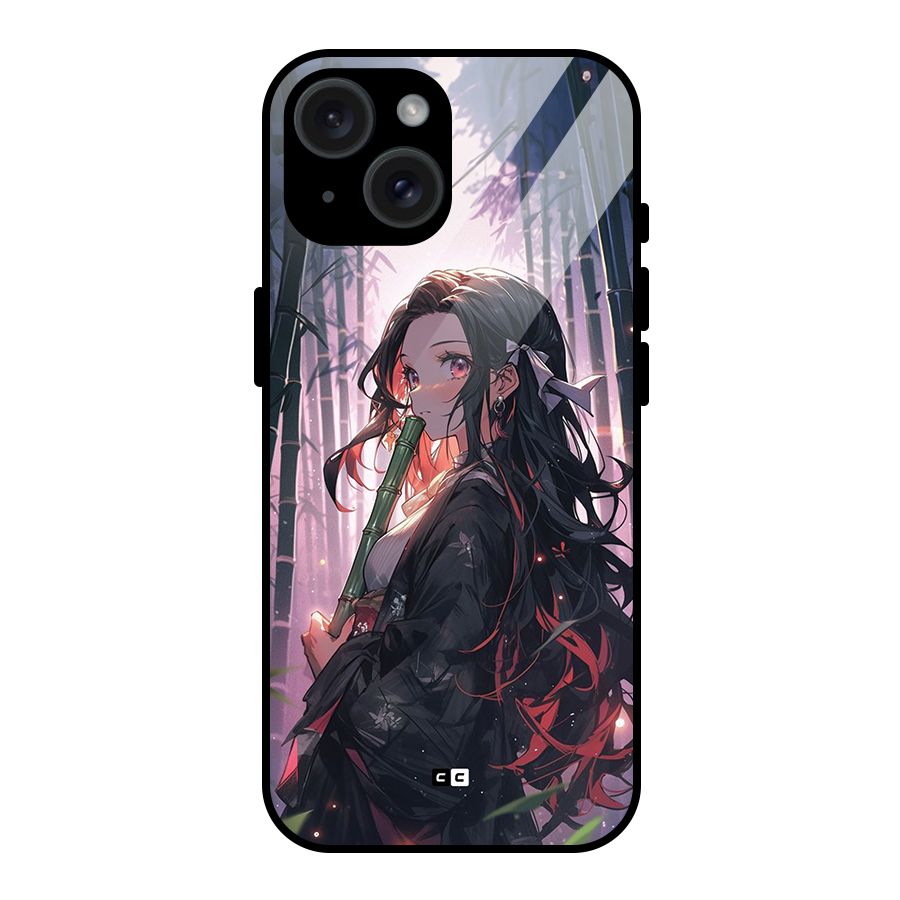 Cute Nezuko Glass Back Case for iPhone 15
