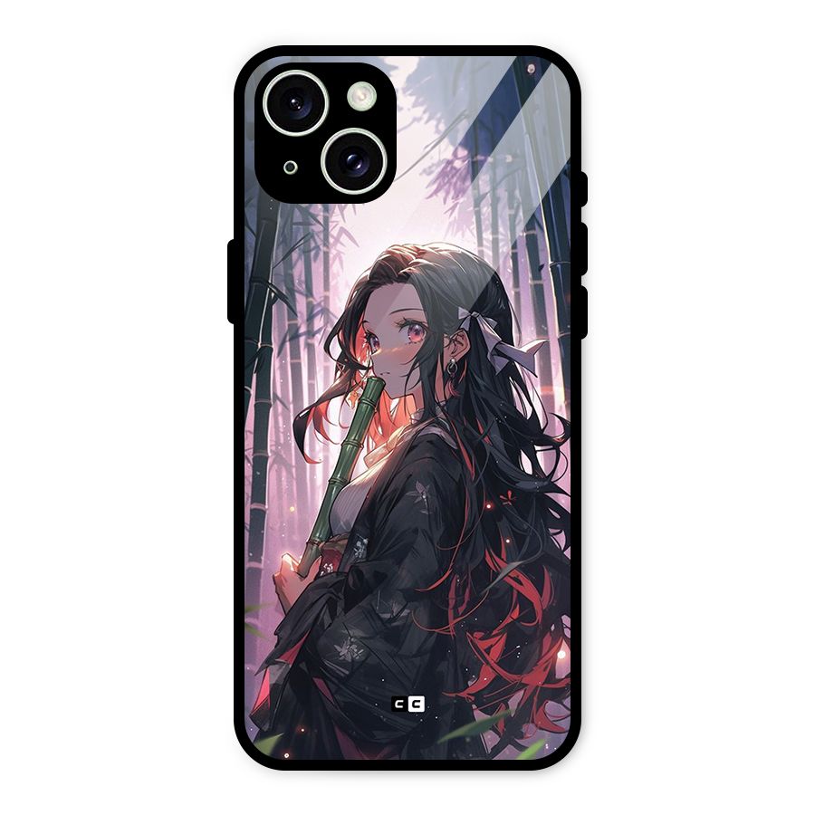 Cute Nezuko Glass Back Case for iPhone 15 Plus