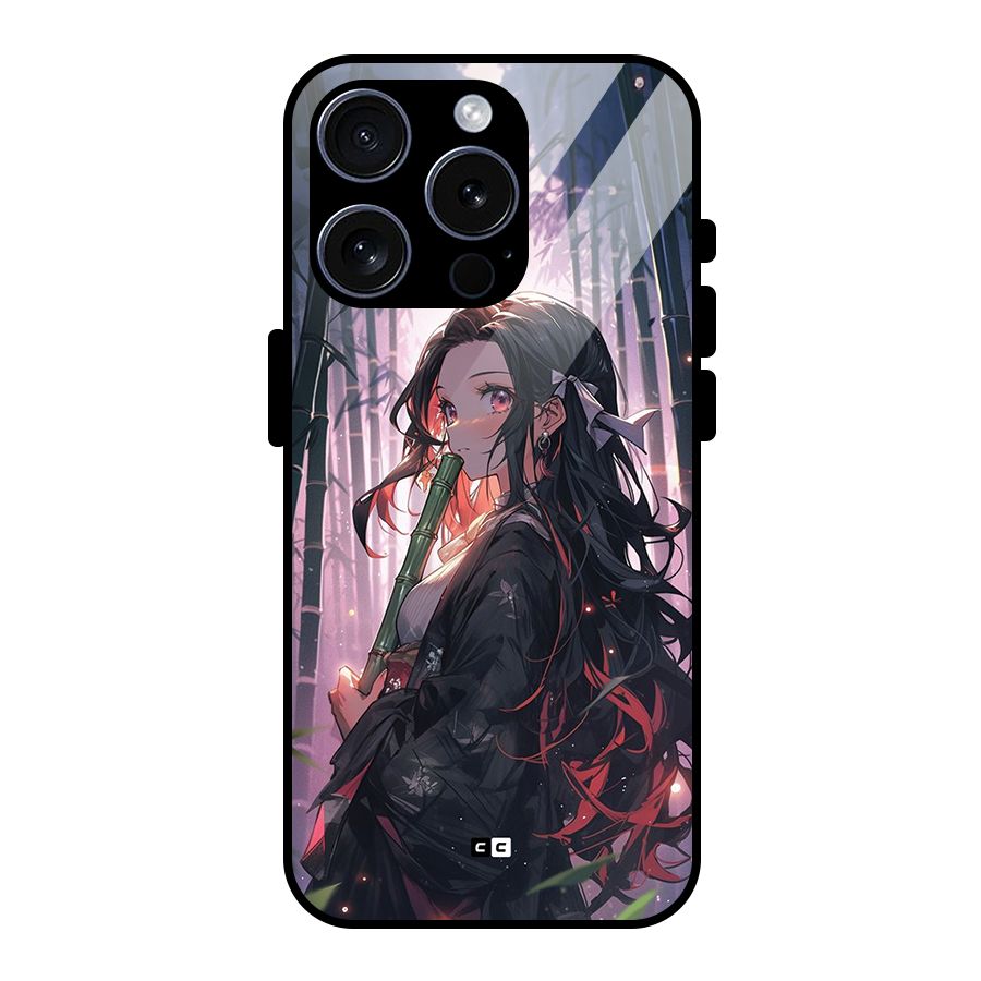 Cute Nezuko Glass Back Case for iPhone 15 Pro