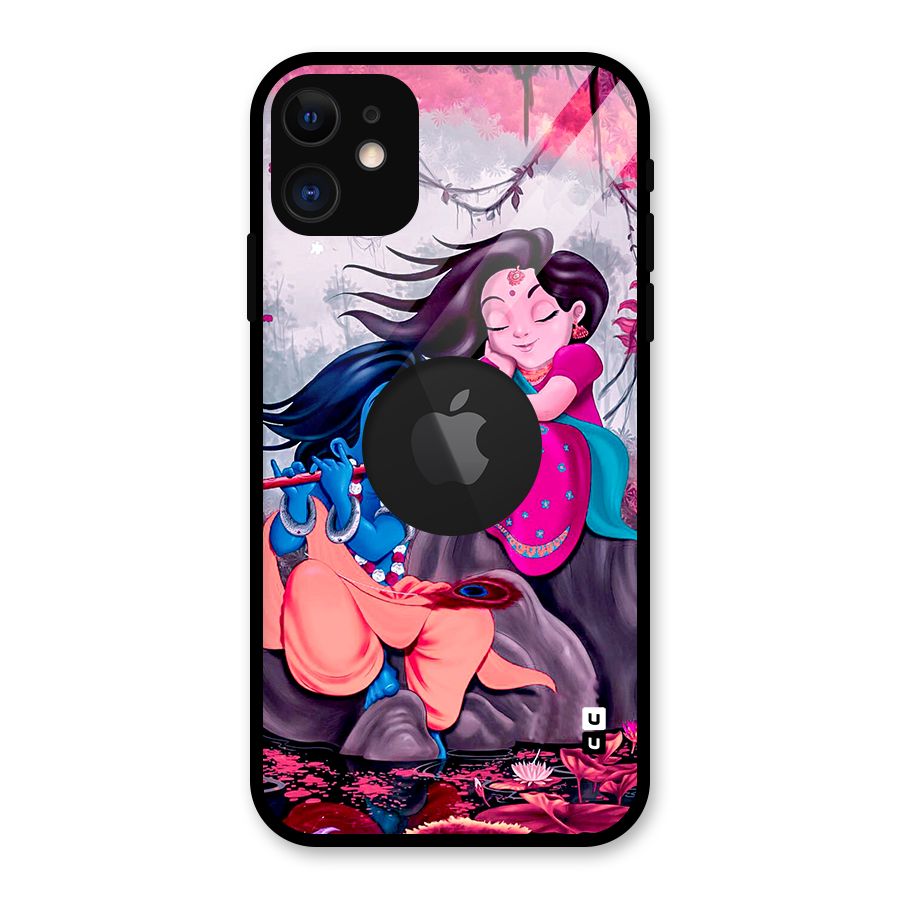 Cute Radha Krishna Glass Back Case for iPhone 11 Logo Cut