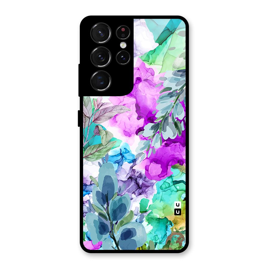 Decorative Florals Printed Glass Back Case for Galaxy S21 Ultra 5G