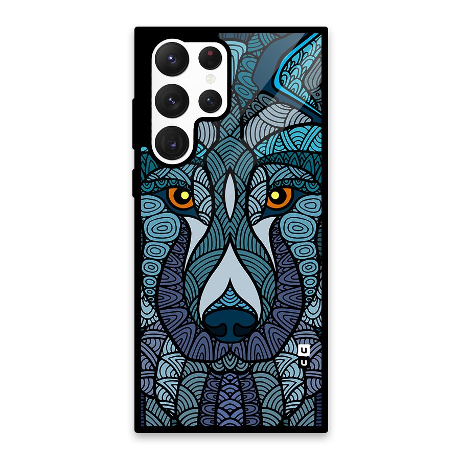 Ethnic Wolf Art Illustration Glass Back Case for Galaxy S22 Ultra 5G