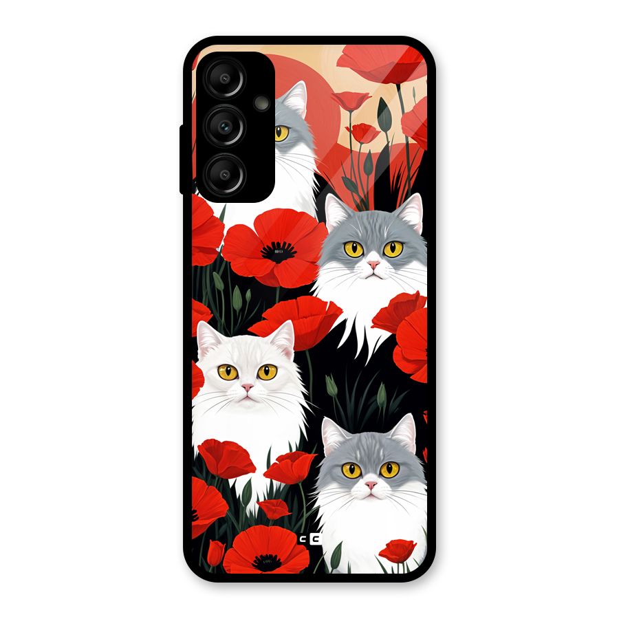 Floral Cat Glass Back Case for Galaxy A14 5G