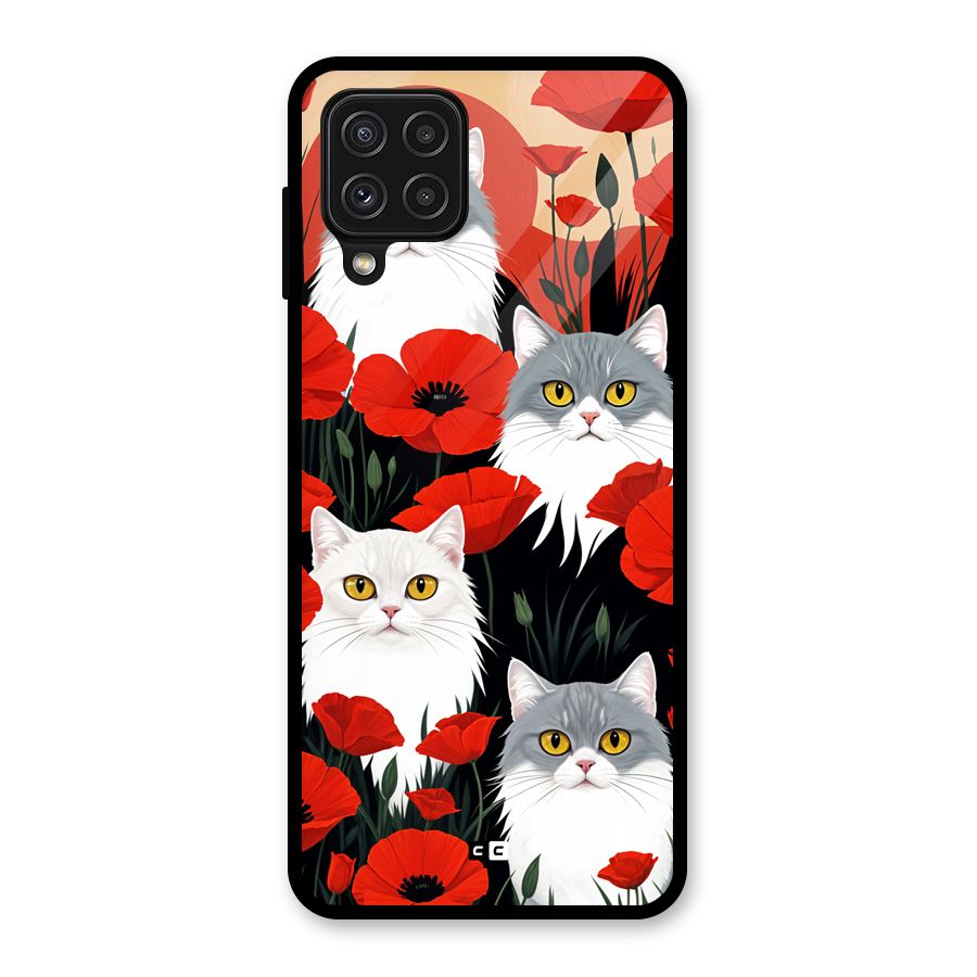 Floral Cat Glass Back Case for Galaxy A22 4G