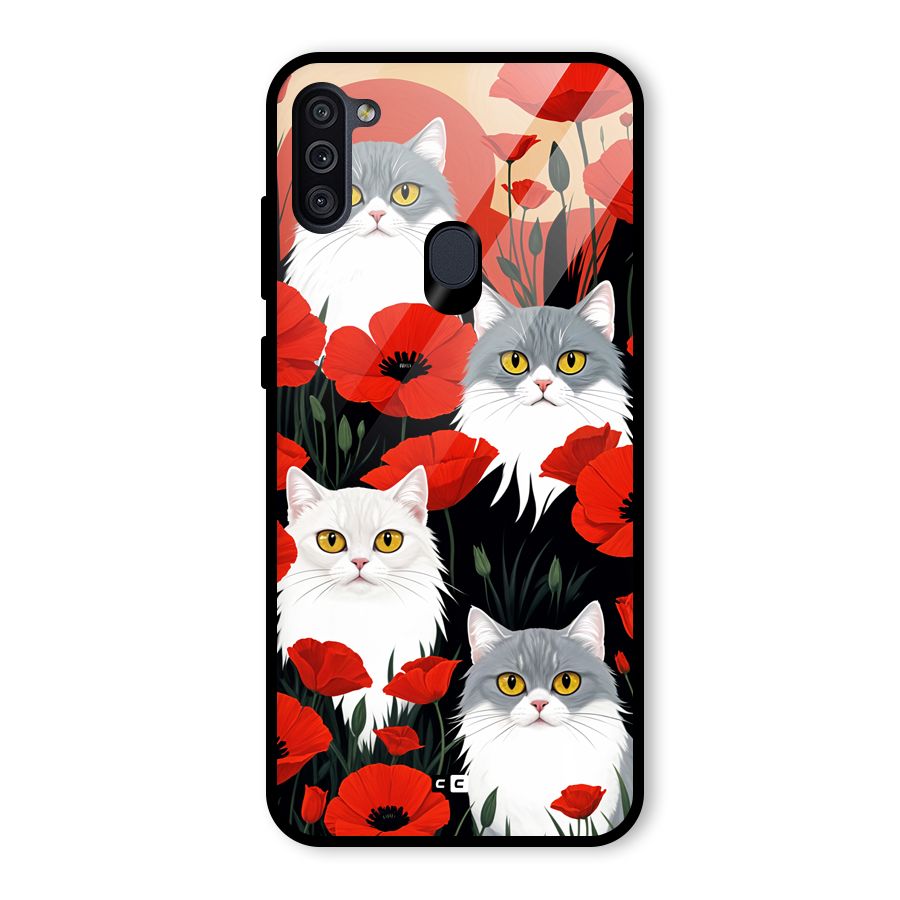 Floral Cat Glass Back Case for Galaxy M11