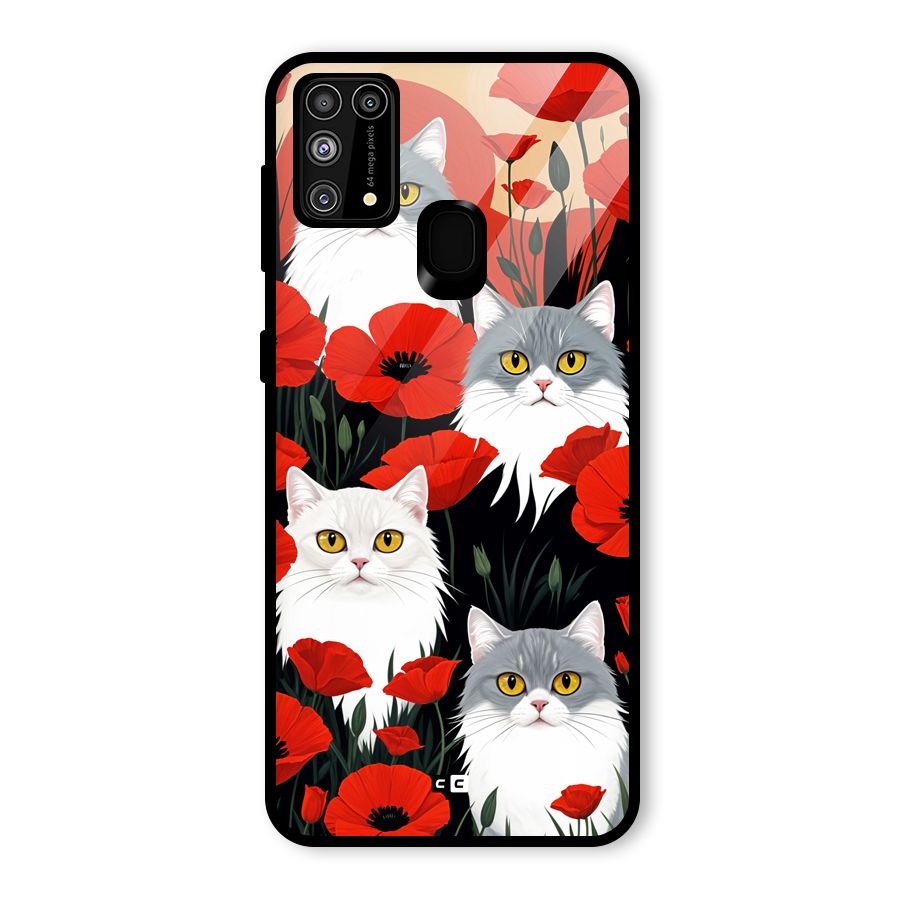 Floral Cat Glass Back Case for Galaxy M31
