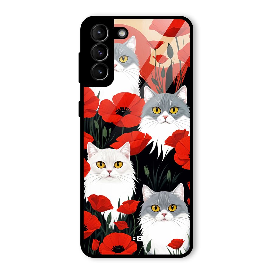 Floral Cat Glass Back Case for Galaxy S21 Plus