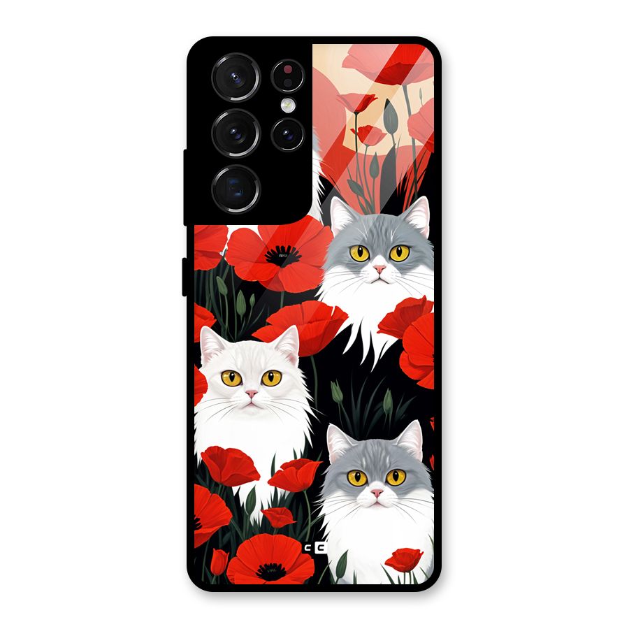 Floral Cat Glass Back Case for Galaxy S21 Ultra 5G