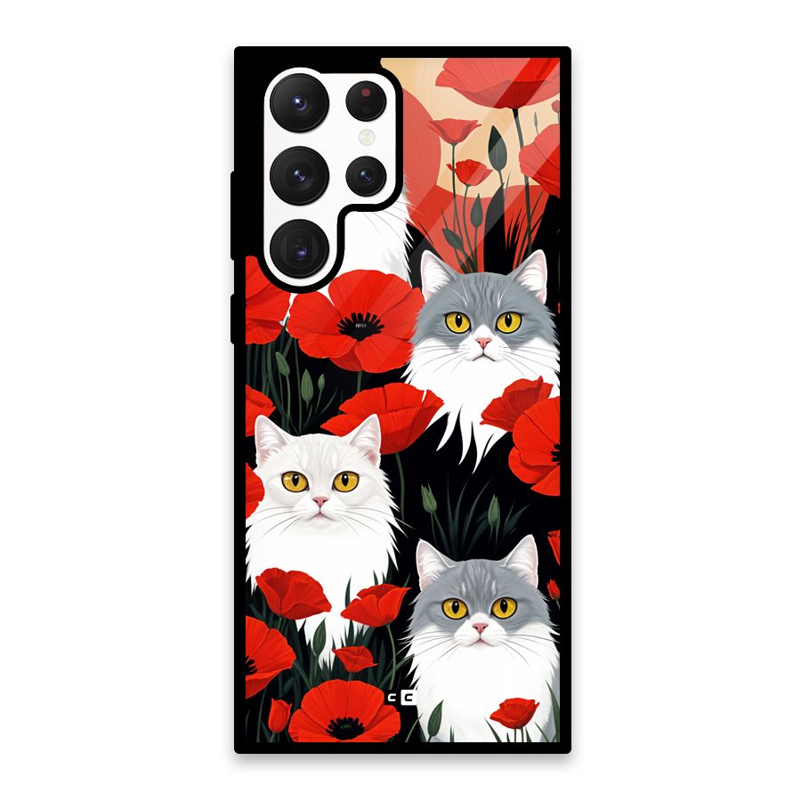 Floral Cat Glass Back Case for Galaxy S22 Ultra 5G