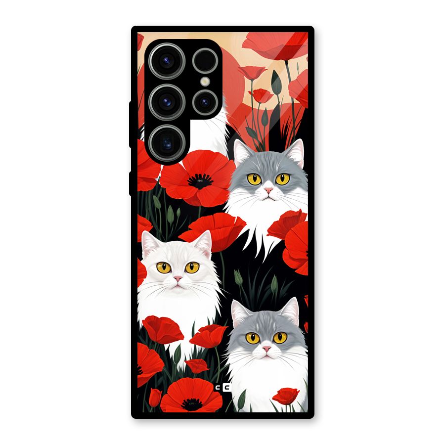 Floral Cat Glass Back Case for Galaxy S23 Ultra