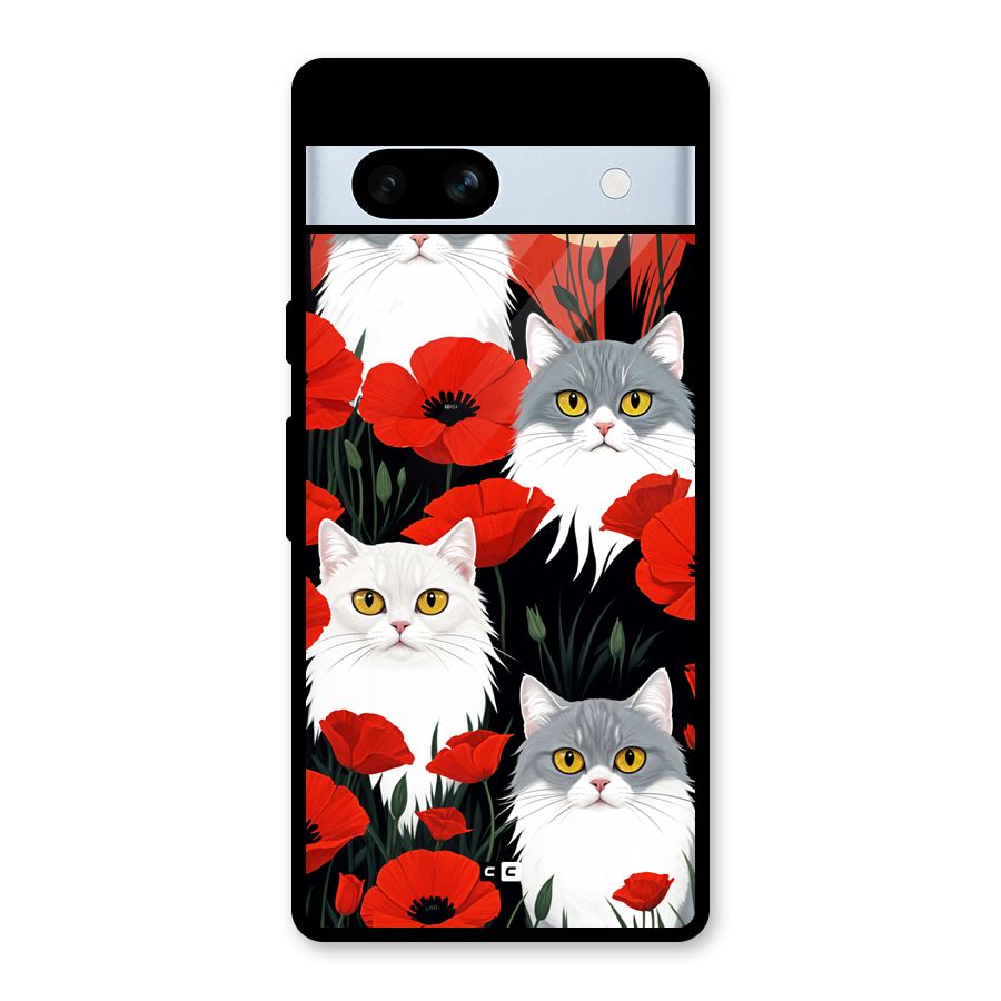 Floral Cat Glass Back Case for Google Pixel 7a