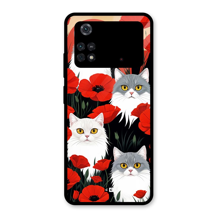 Floral Cat Glass Back Case for Poco M4 Pro 4G