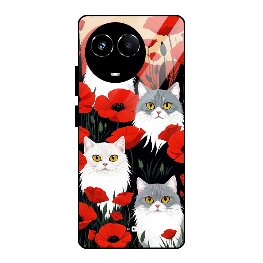 Floral Cat Glass Back Case for Realme 11X