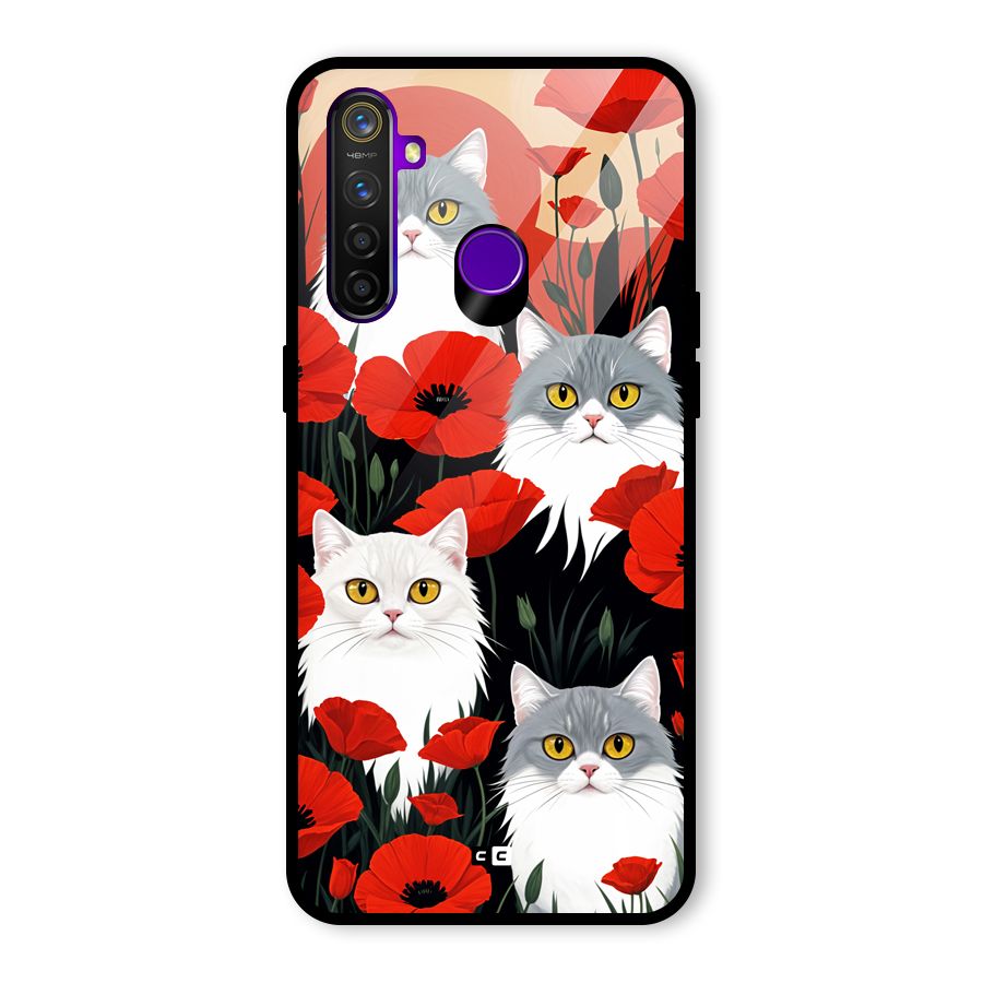 Floral Cat Glass Back Case for Realme 5 Pro