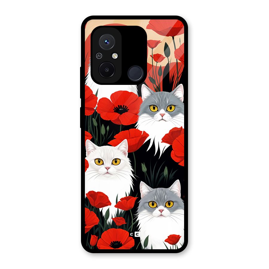 Floral Cat Glass Back Case for Redmi 12C