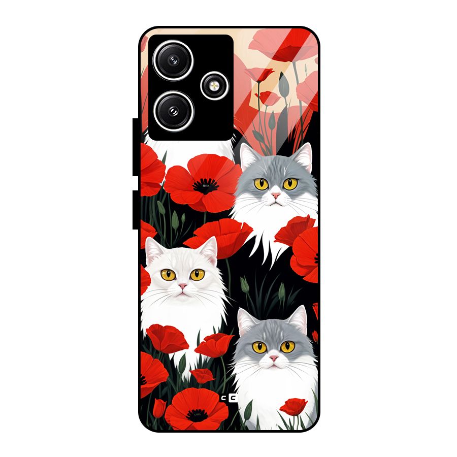 Floral Cat Glass Back Case for Redmi 12 5G