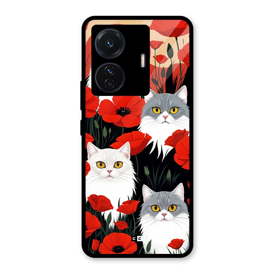 Floral Cat Glass Back Case for Vivo T1 Pro